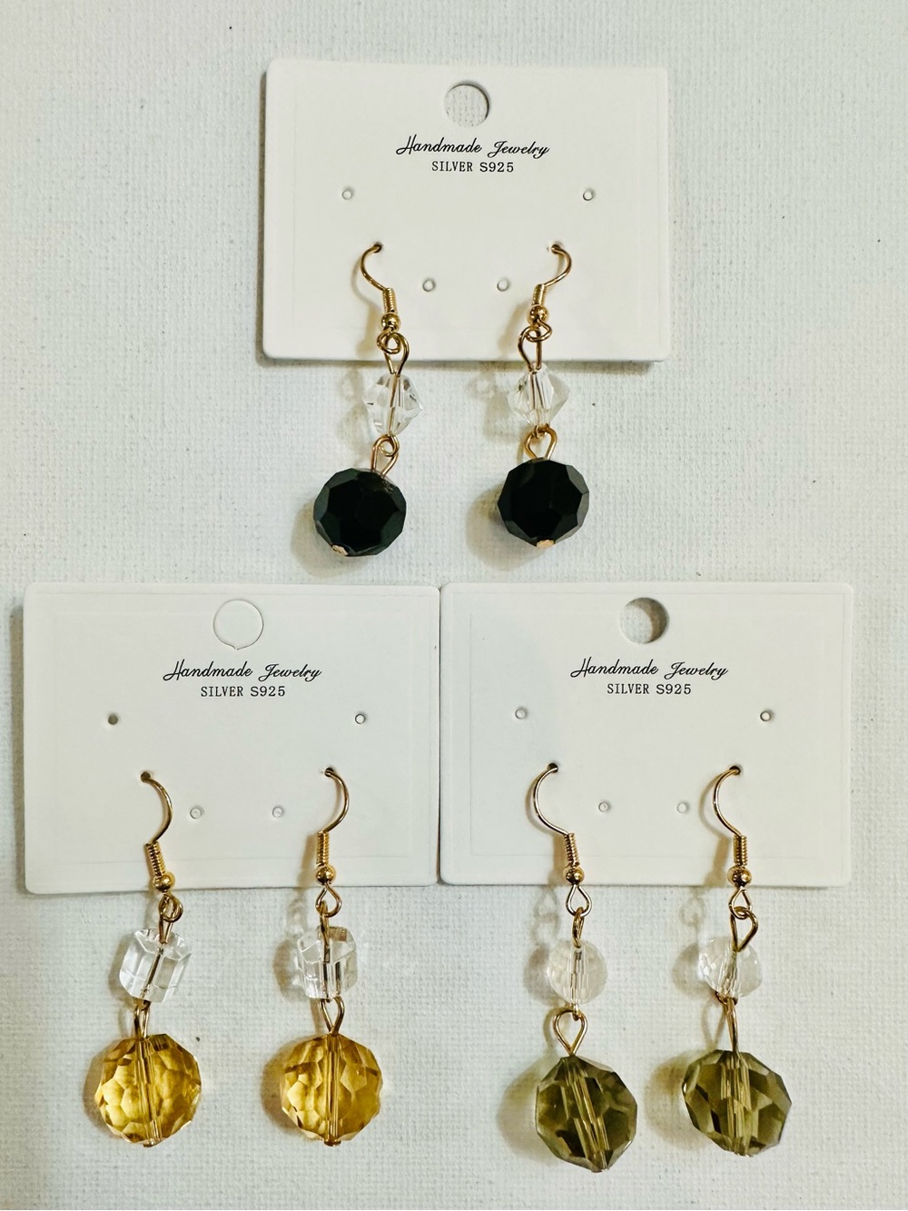 3 Pair Earthy Neutral Crystal Drop Earrings Black Gold Smoky